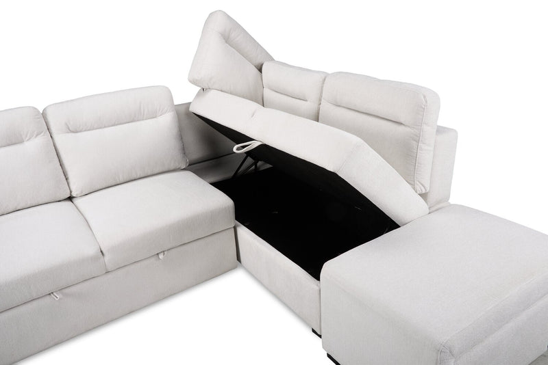Sofa-lit sectionnel de droite Coast 3 pièces en tissu blanc ivoire avec fauteuil long de rangement et accoudoir de rangement