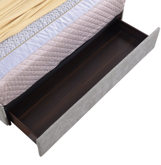 Base de lit de rangement Amos rembourrée en tissu gris avec 3 tiroirs intégrés - format très grand lit