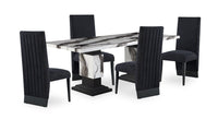  Ensemble de salle à manger Vega 5 pièces avec table de 82 po (L), imitation de marbre, base piédestal et 4 chaises - noir et blanc