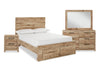 Ensemble de chambre à coucher Derekson 6 pièces naturel avec lit de rangement, commode, miroir et table de nuit - format lit double