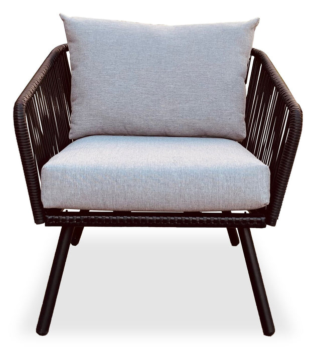 Ensemble de conversation Porto 4 pièces pour la terrasse à l’extérieur avec causeuse, 2 fauteuils et table à café - osier de type corde et métal, résistant aux rayons UV et aux intempéries - noir et gris