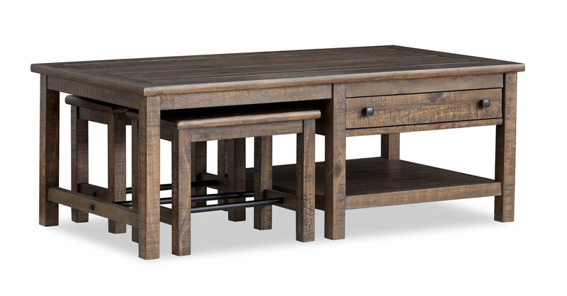 Table à café Edwin de 52 po en pin champêtre avec rangement et tabourets - brun champêtre