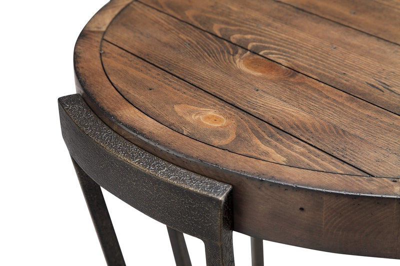 Table à café industrielle ronde Cheney 40 po en bois massif avec tablette et roulettes - bourbon