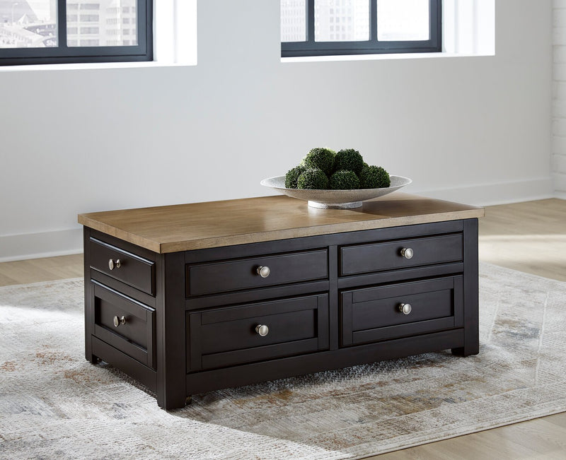 Table à café Wells de 46 po en bois massif avec dessus relevable, rangement et roulettes - deux teintes de brun