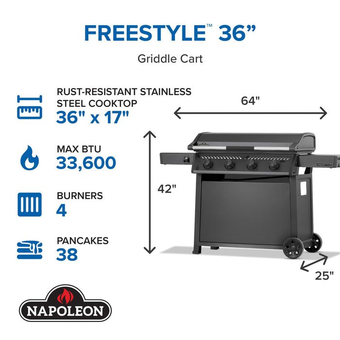 Plancha Napoleon de 33 600 BTU et de 36 po à 4 brûleurs avec surface de cuisson en acier inoxydable résistant à la rouille - F36FTPMK
