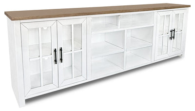Sterling 95.83" Modern TV Stand with Storage and Cable Management for TVs up to 100" – Brown & White | Meuble pour téléviseur moderne Sterling de 95.83 po avec rangement et système de gestion des câbles pour téléviseurs jusqu’à 100 po - brun et blanc