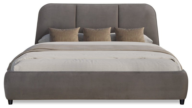 Lit plateforme rembourré Mave en tissu de velours gris - format très grand lit
