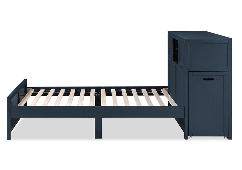 Lit plateforme Quinn avec tête de lit bibliothèque, bureau intégré et tabouret, bleu - format lit double