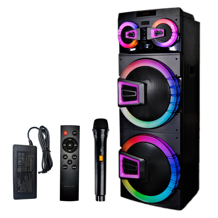 Haut-parleur de fête de 120 W Proscan 2 x 15 po avec éclairage, Bluetooth et microphone