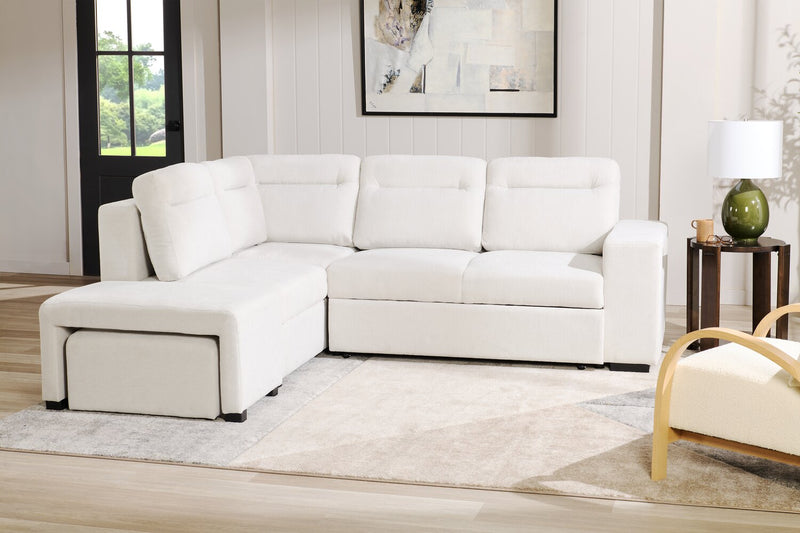 Sofa-lit sectionnel de gauche Coast 3 pièces en tissu blanc ivoire avec fauteuil long de rangement et accoudoir de rangement