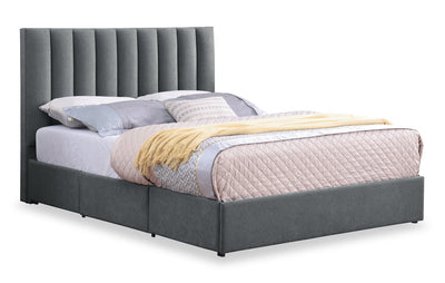 Amos Upholstered Storage Bed in Charcoal Fabric with Channelled Headboard & 3 Built-in Drawers - King Size | Lit de rangement Amos rembourré en tissu anthracite avec tête de lit à canaux et 3 tiroirs intégrés - format très grand lit