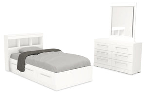 Ensemble lit matelot Riley 5 pièces avec tête de lit bibliothèque, commode et miroir, blanc - format lit simple