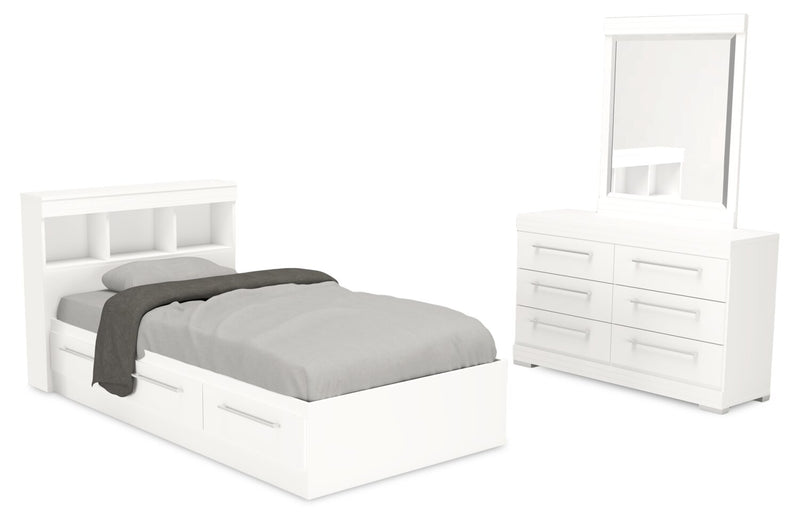 Ensemble lit matelot Riley 5 pièces avec tête de lit bibliothèque, commode et miroir, blanc - format lit simple