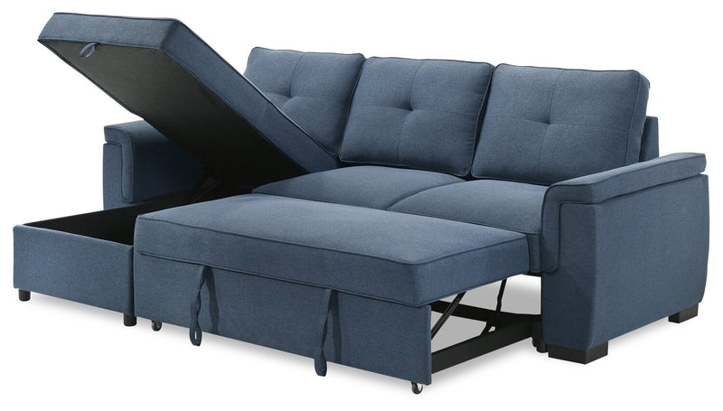 Sofa-lit sectionnel réversible Eden 2 pièces en tissu avec fauteuil long de rangement et coussins de dossier amovibles - bleu