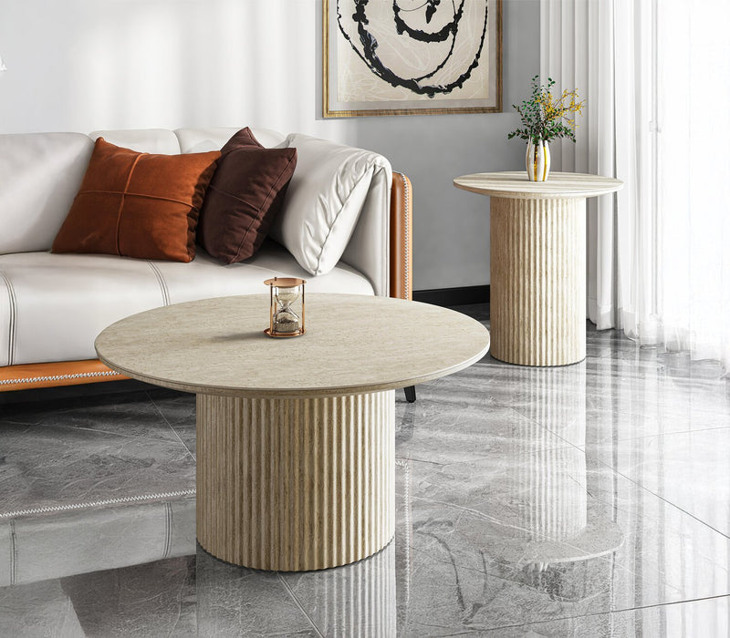 Table à café ronde Sullivan de 35,43 po avec dessus en pierre frittée - travertin beige