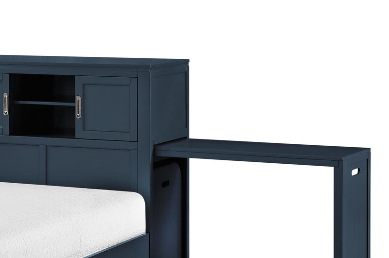 Lit plateforme Quinn avec tête de lit bibliothèque, bureau intégré et tabouret, bleu - format lit double