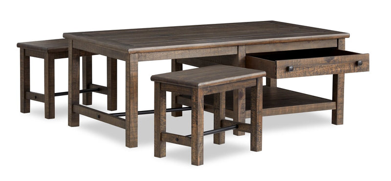 Table à café Edwin de 52 po en pin champêtre avec rangement et tabourets - brun champêtre