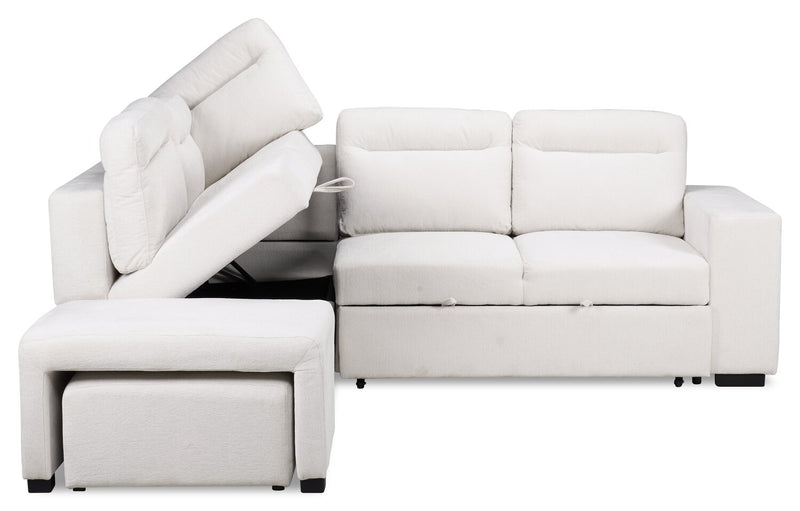Sofa-lit sectionnel de gauche Coast 3 pièces en tissu blanc ivoire avec fauteuil long de rangement et accoudoir de rangement
