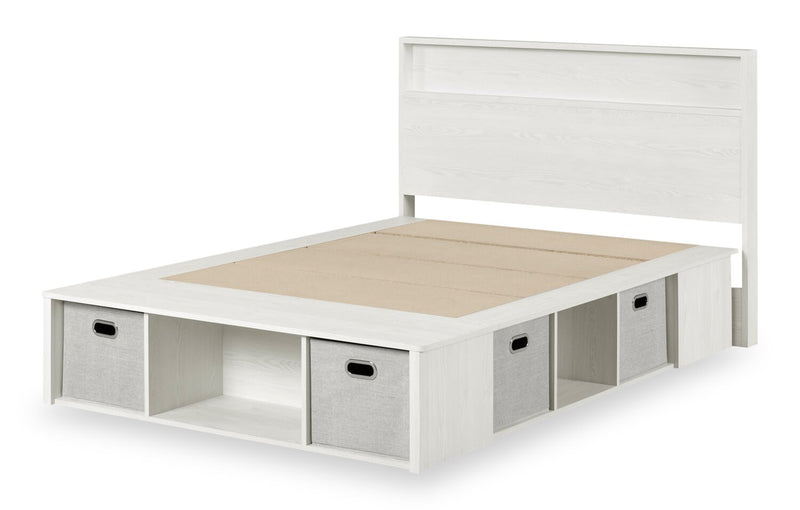 Ensemble lit plateforme et tête de lit à panneau Everley avec rangement et paniers intégrés, blanc - format lit double