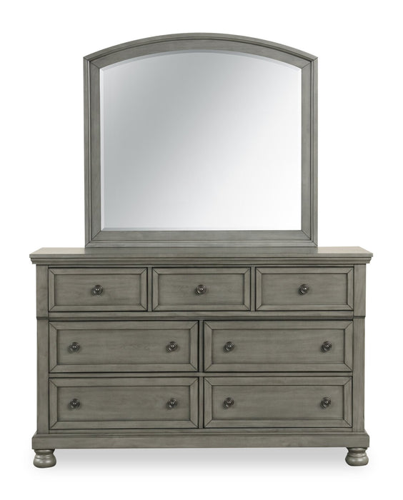 Ensemble de chambre à coucher Chelsea 6 pièces gris avec lit de rangement, commode et miroir - format très grand lit