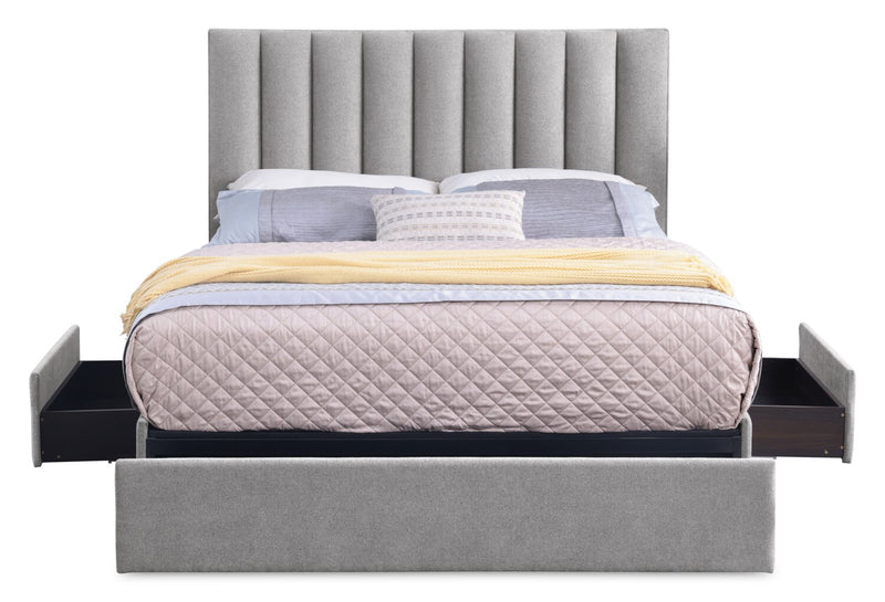 Base de lit de rangement Amos rembourrée en tissu gris avec 3 tiroirs intégrés - format très grand lit