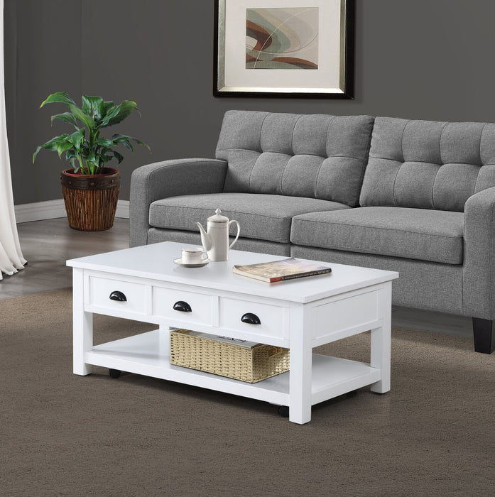 Table à café moderne Centennial de 48 po avec dessus relevable, rangement, tablette et roulettes - blanche