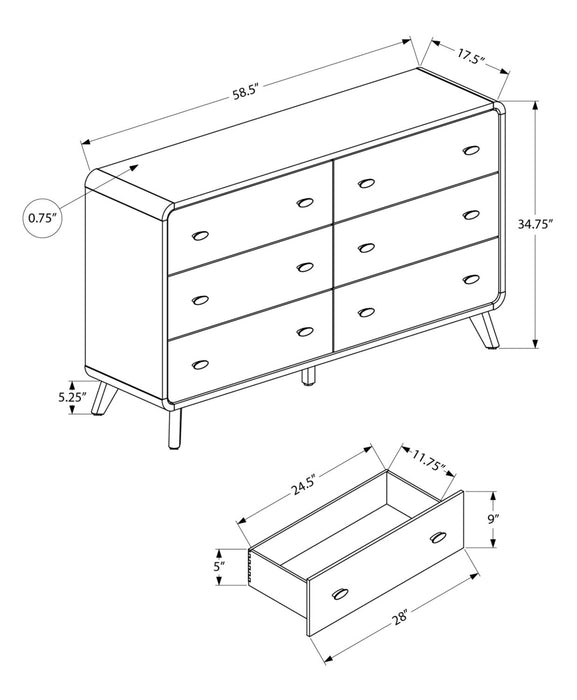 Commode de chambre à coucher moderne du milieu du 20e siècle Cami de 58,5 po (L) x 17,5 po (H) à 6 tiroirs - chêne gris