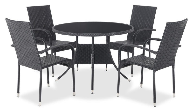 Ensemble Arizona 5 pièces pour la terrasse à l’extérieur avec table ronde et 4 chaises - osier en résine tressé à la main, dessus de table rond en verre, résistant aux rayons UV et aux intempéries - noir