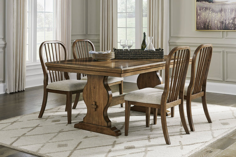 Ensemble de salle à manger Clara 5 pièces avec table, rallonge de 68 po à 86 po (L), base à tréteaux et 4 chaises - brun