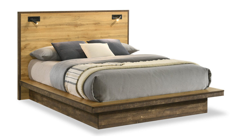 Ensemble de chambre à coucher Silas 6 pièces brun rustique avec lit plateforme, commode, miroir, table de nuit et éclairage à DEL - format lit double