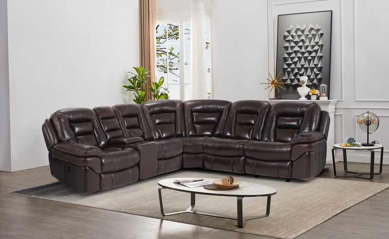 Sofa sectionnel à inclinaison électrique Leo 6 pièces en cuir véritable avec console de rangement et 2 porte-gobelets - brun noyer