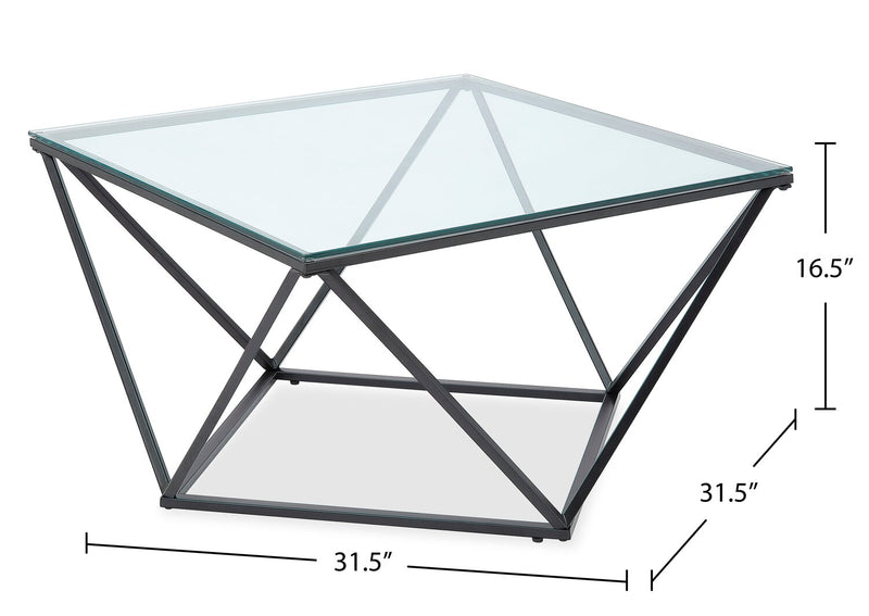 Table à café moderne Prism de 31,5 po avec dessus en verre - verre avec base en métal 