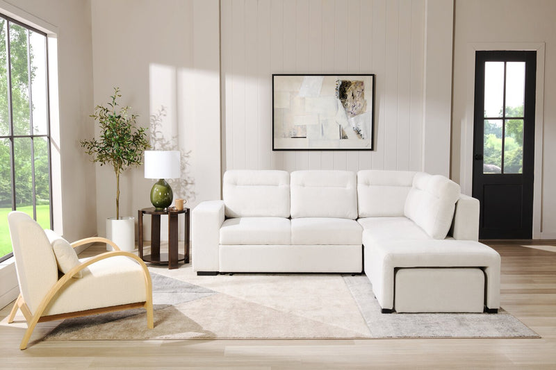 Sofa-lit sectionnel de droite Coast 3 pièces en tissu blanc ivoire avec fauteuil long de rangement et accoudoir de rangement