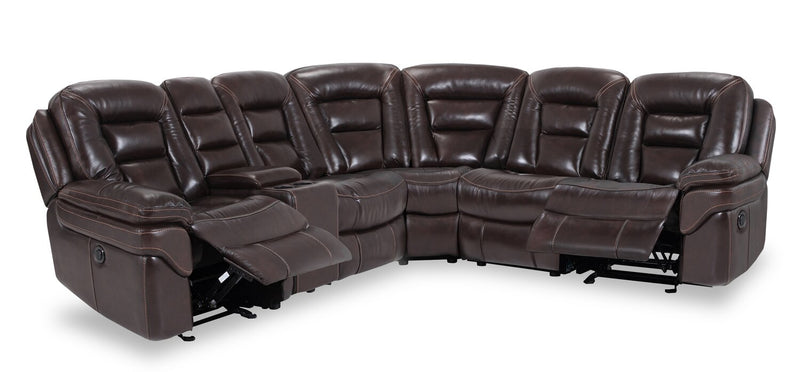 Sofa sectionnel à inclinaison électrique Leo 6 pièces en cuir véritable avec console de rangement et 2 porte-gobelets - brun noyer