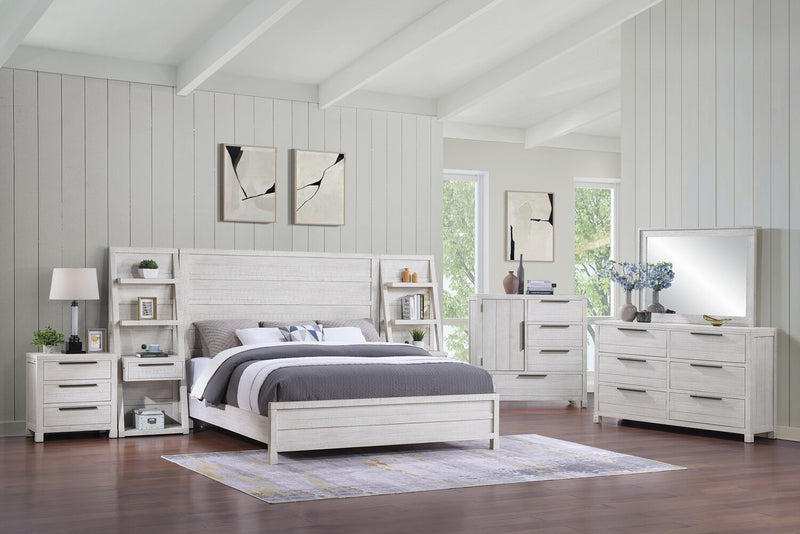 Ensemble de chambre à coucher Haven 5 pièces blanc avec lit à panneaux, commode et miroir - format très grand lit