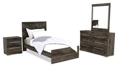 Riley 6pc Bedroom Set with Panel Bed, Dresser, Mirror & Nightstand, Made in Canada, Grey - Twin Size | Ensemble de chambre à coucher Riley 6 pièces avec lit à panneaux, commode, miroir et table de nuit, fabriqué au Canada, gris - format lit simple