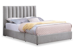 Lit de rangement Amos rembourré en tissu gris avec tête de lit à canaux et 3 tiroirs intégrés - format très grand lit