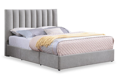 Amos Upholstered Storage Bed in Grey Fabric with Channelled Headboard & 3 Built-in Drawers - Queen Size | Lit de rangement Amos rembourré en tissu gris avec tête de lit à canaux et 3 tiroirs intégrés - format grand lit