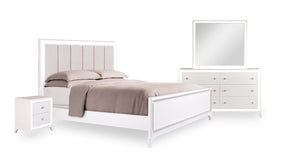 Ensemble de chambre à coucher Halo 6 pièces somptueux avec lit, commode, miroir, table de nuit et éclairage à DEL, blanc - format très grand lit