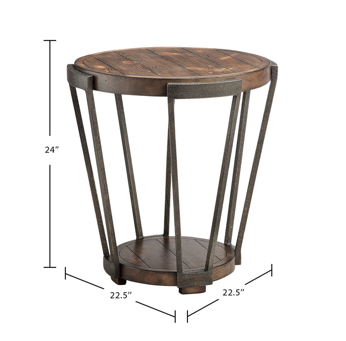 Table de bout industrielle ronde Cheney 23 po en bois massif avec tablette - bourbon