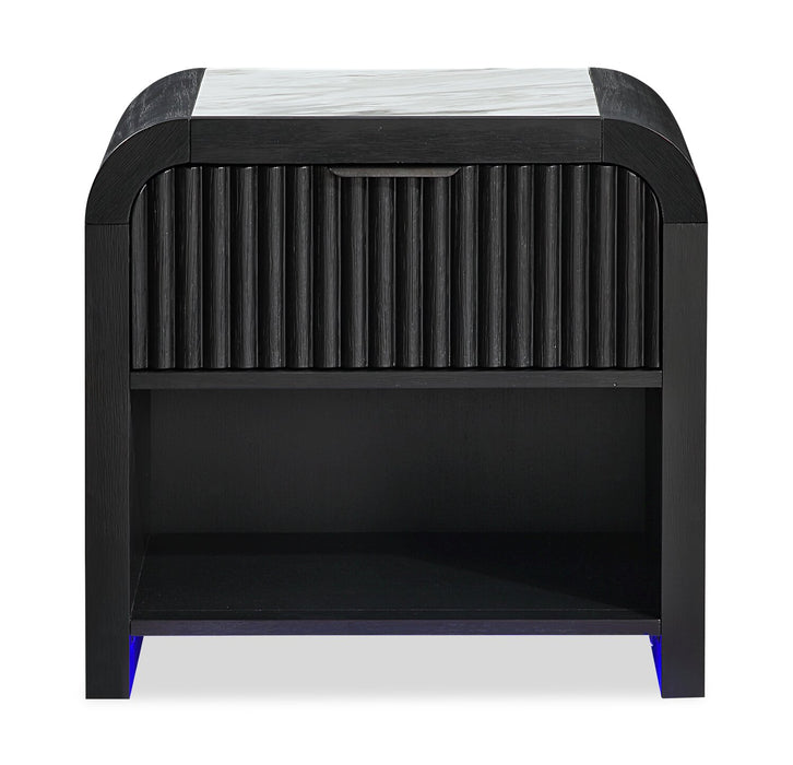 Ensemble de chambre à coucher moderne Kaleo noir 6 pièces avec lit, commode, miroir, table de nuit et éclairage à DEL - format très grand lit