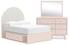 Ensemble de chambre à coucher Lola 5 pièces rose tendre avec lit de rangement en tissu bouclé, commode et miroir - format lit double