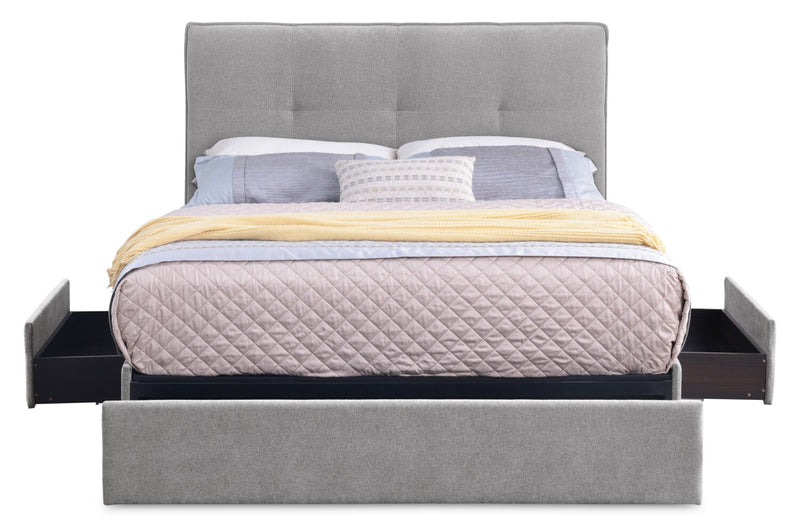 Lit de rangement Amos rembourré en tissu gris avec tête de lit capitonnée et 3 tiroirs intégrés - format lit double