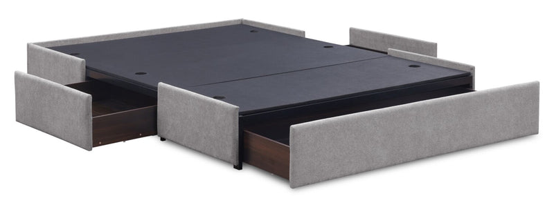 Base de lit de rangement Amos rembourrée en tissu gris avec 3 tiroirs intégrés - format très grand lit