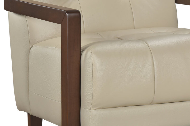 Fauteuil d’appoint Enzo de 26 po en cuir véritable avec capitonnage en biscuit, accoudoirs rectilignes et pattes en bois - beige