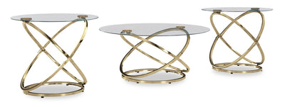 Joyce 38" Glam Round 3-Pack Coffee + 2 End Tables - Gold Metal Base with Glass Top | Ensemble de 3 tables rondes somptueuses Joyce de 38 po, table à café et 2 tables de bout - base en métal doré avec dessus en verre