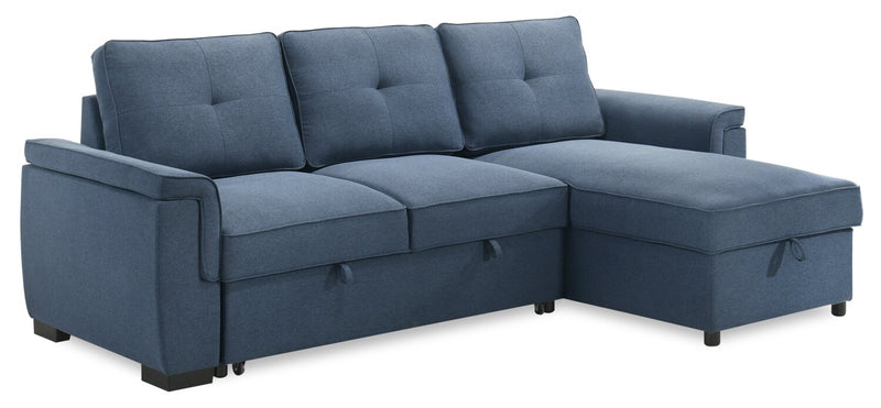 Sofa-lit sectionnel réversible Eden 2 pièces en tissu avec fauteuil long de rangement et coussins de dossier amovibles - bleu