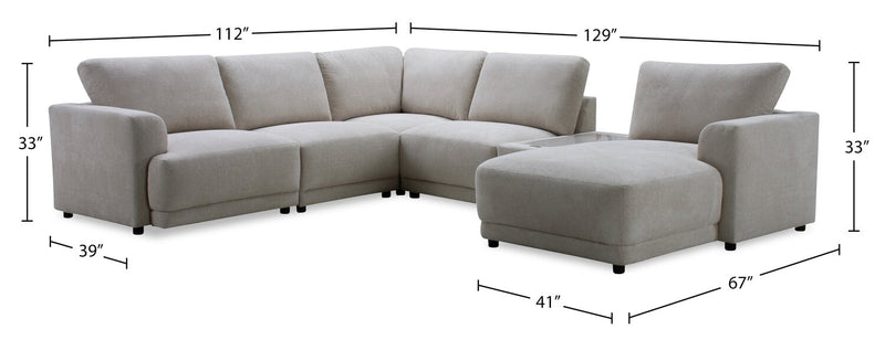 Sofa sectionnel modulaire de droite Voyage 6 pièces en tissu avec console et coussins de dossier amovibles - beige