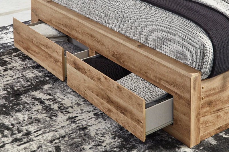 Lit de rangement Derekson naturel avec 2 tiroirs intégrés au pied du lit - format grand lit