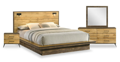 Silas 6pc Bedroom Set with Platform Bed, Dresser, Mirror & Nightstand, LED, Rustic Brown - Queen Size | Ensemble de chambre à coucher Silas 6 pièces brun rustique avec lit plateforme, commode, miroir, table de nuit et éclairage à DEL - format grand lit